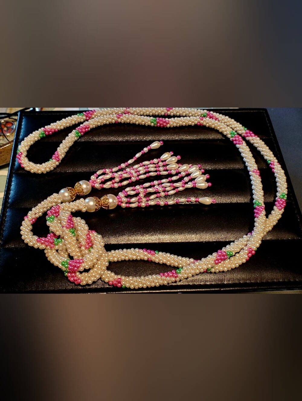 Vintage Faux Pearl Woven Rope Lariat Necklace Belt Pink Grape Big Pearl Tassels